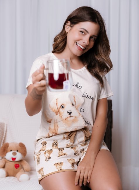 pijama feminino manga curta algodao dog s